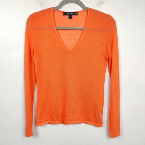 Ralph Lauren Black Label Cashmere Sweater Womens Small Orange V-Neck Semi Sheer